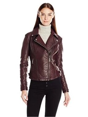 NWT Guess Women's Almost leather Moto Bomber Jacket in Wine Sz L